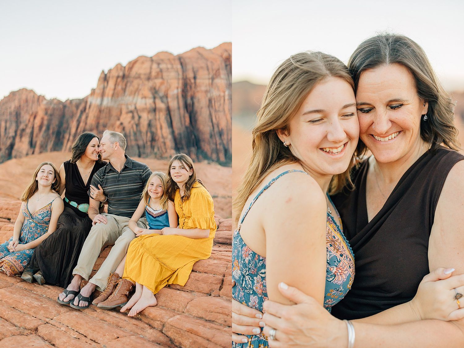 Friends share joyful moments together while sitting on red rock formations in a desert landscape at sunset.