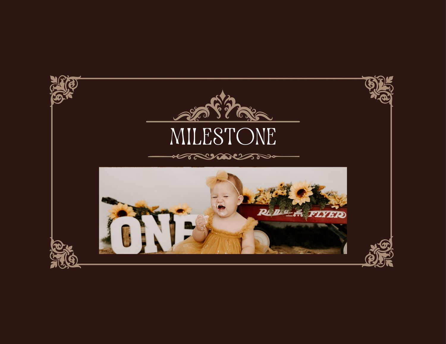 A dark brown decorative banner with elegant corner ornaments and the text 'MILESTONE' in white lettering.
