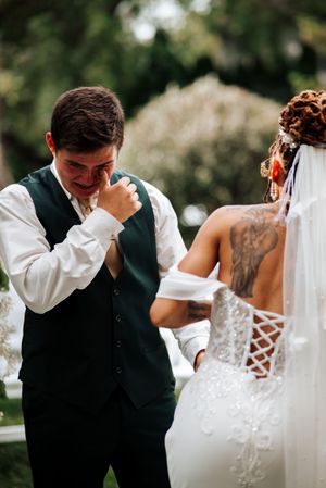 A romantic sequence of wedding photos showing a couple in an intimate moment outdoors in formal attire.