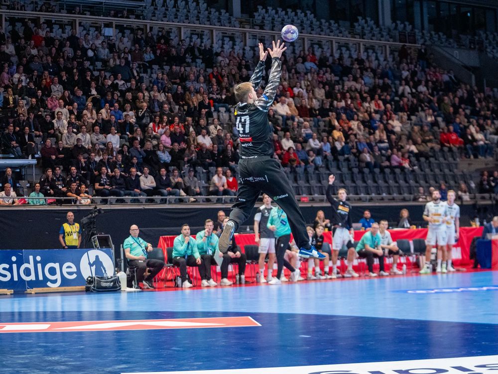 Wide view of a handball arena with players on a blue court and crowd watching from stadium seats.