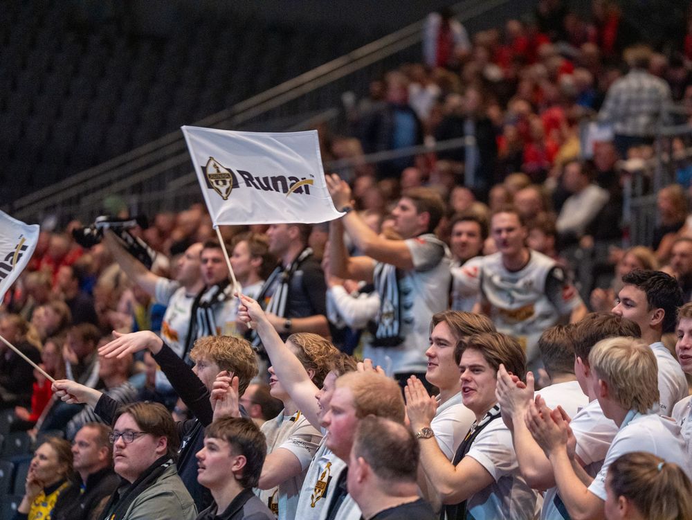 Enthusiastic fans in stadium seating cheering and holding banners during a sporting event.