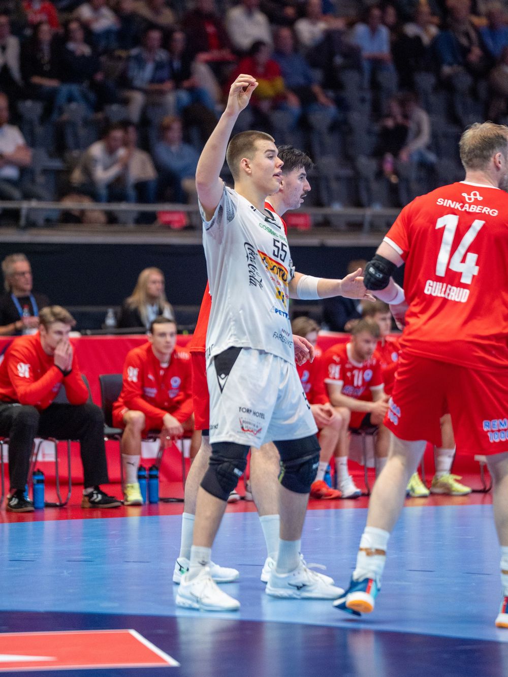 Professional handball match showing players in red and white uniforms competing on an indoor court.