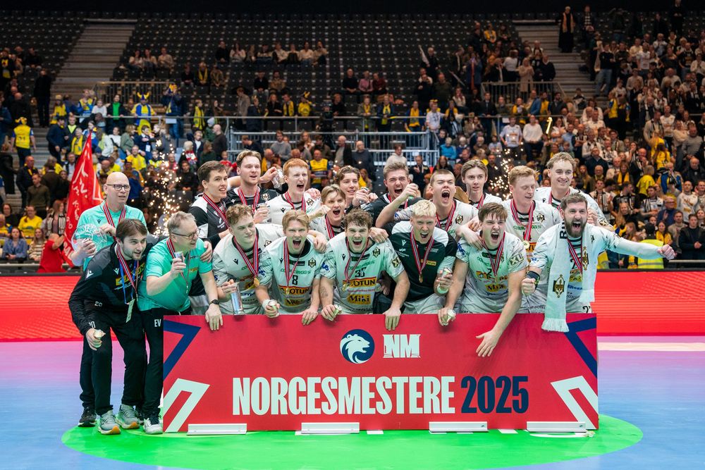 Norwegian handball players celebrate with their trophy and medals after winning the championship tournament.