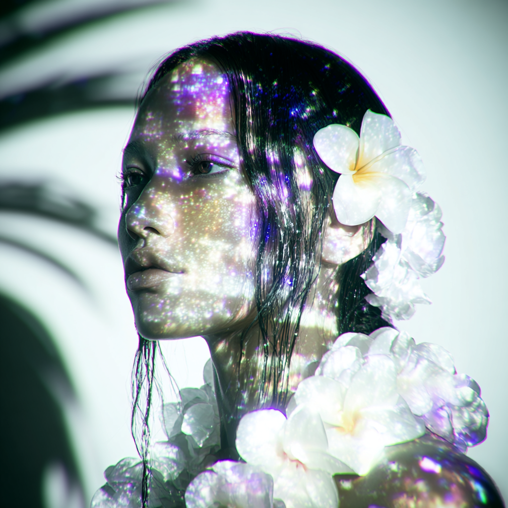 Multiple exposure artistic portrait with glitter effects and dripping dark paint creating an ethereal double vision effect.