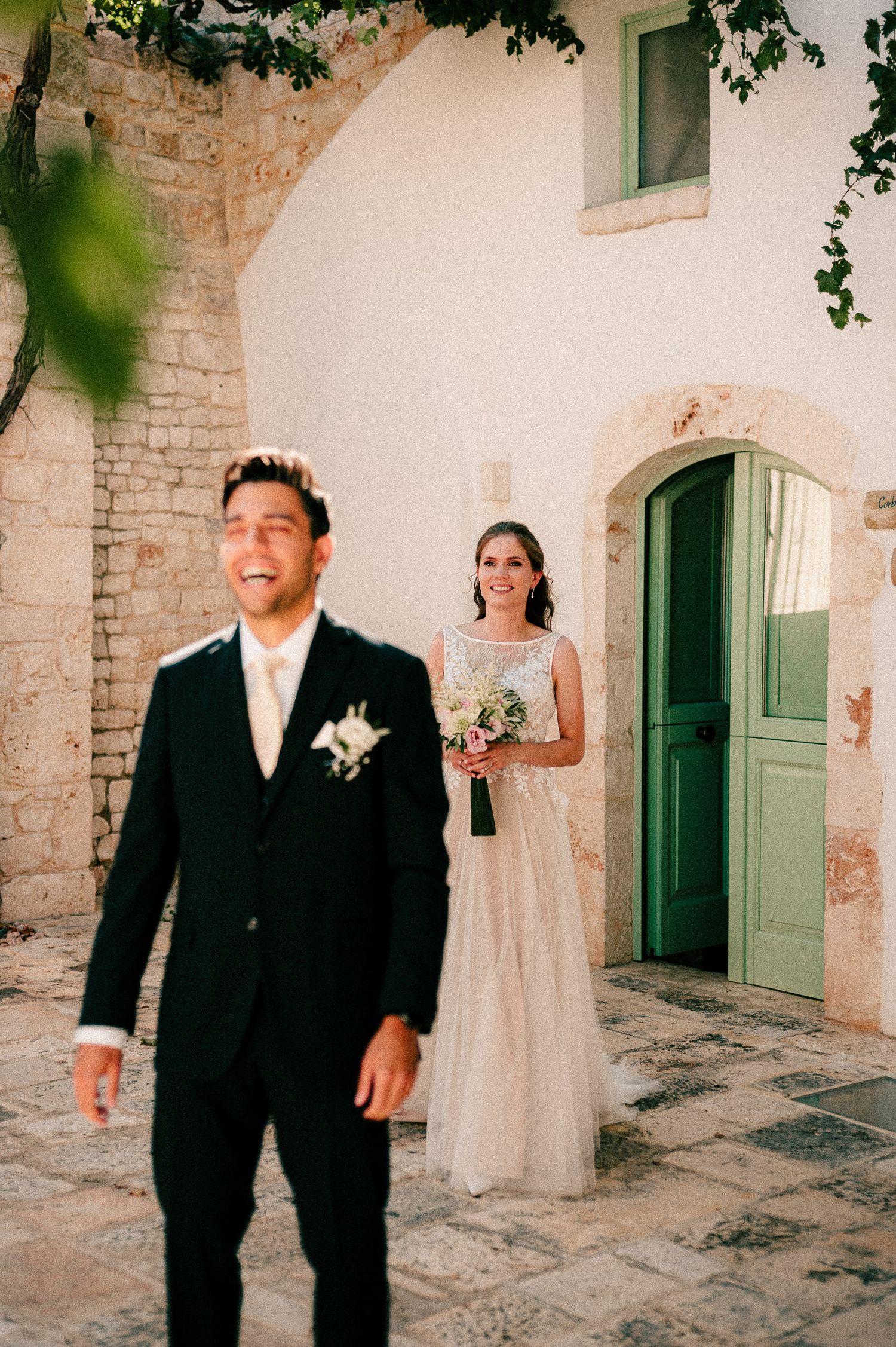A romantic wedding photoshoot sequence featuring colorful ceramic pots against a stone wall at sunset.