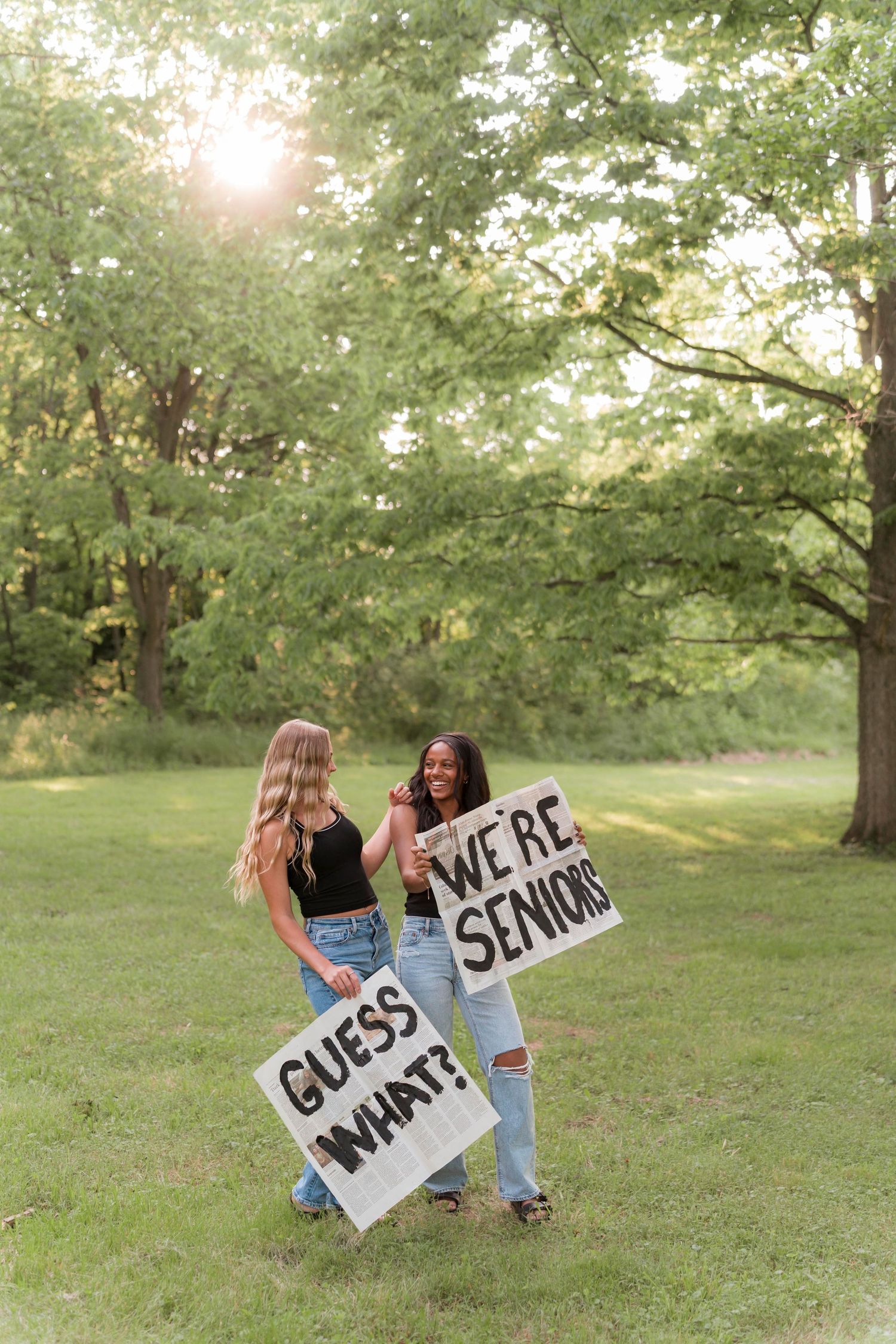 A series of photos showing white dress skirts with denim tops twirling in a grassy field with colorful wildflower bouquets.
