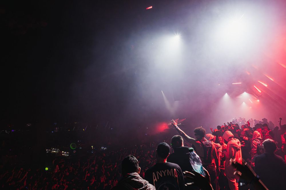 Concert crowd silhouettes against dramatic red and purple stage lighting during a live performance.