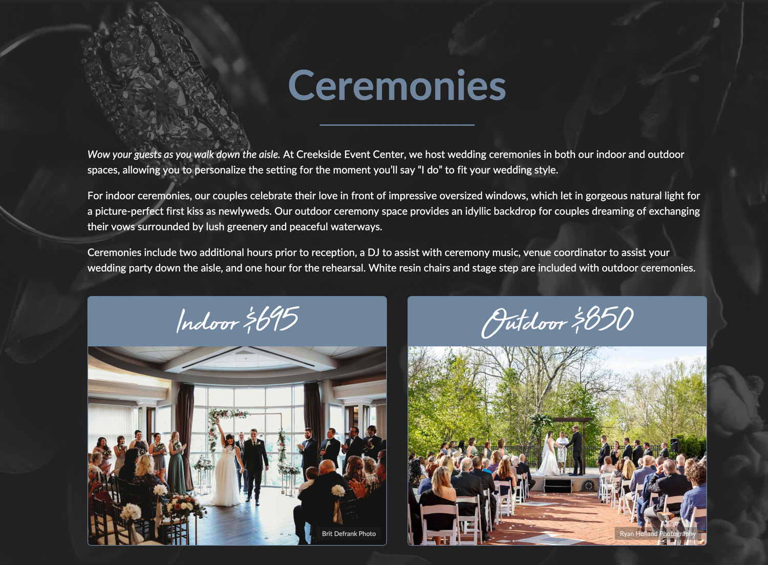 A wedding venue photo collage showing indoor and outdoor ceremony spaces with elegant decor and natural lighting.