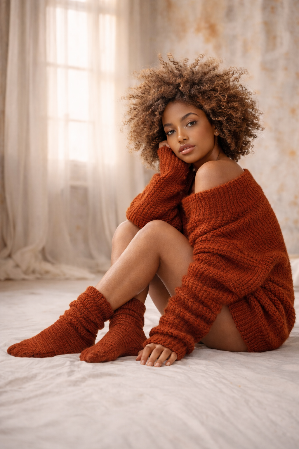 Elegant portrait series showing someone relaxing on dark bedding while wearing a cozy cream-colored sweater.