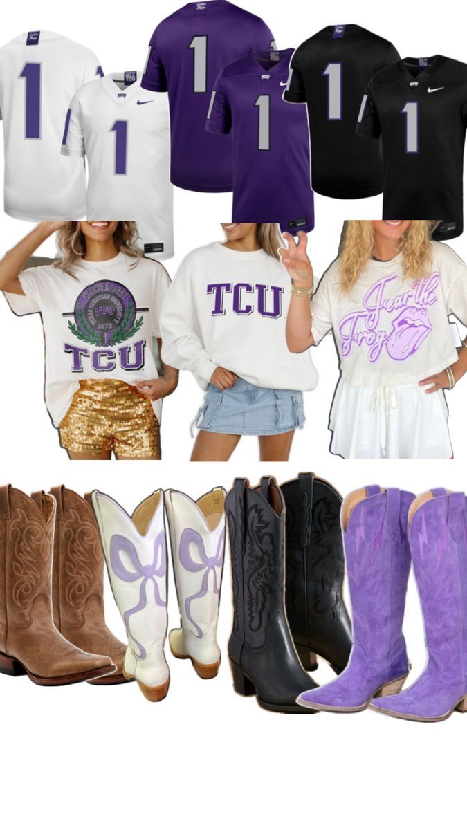 TCU merchandise collection featuring jerseys, t-shirts and purple cowboy boots.