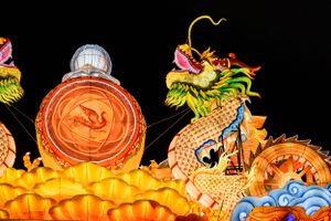 Paper lantern dragon at night during Chinese lunar new year festival