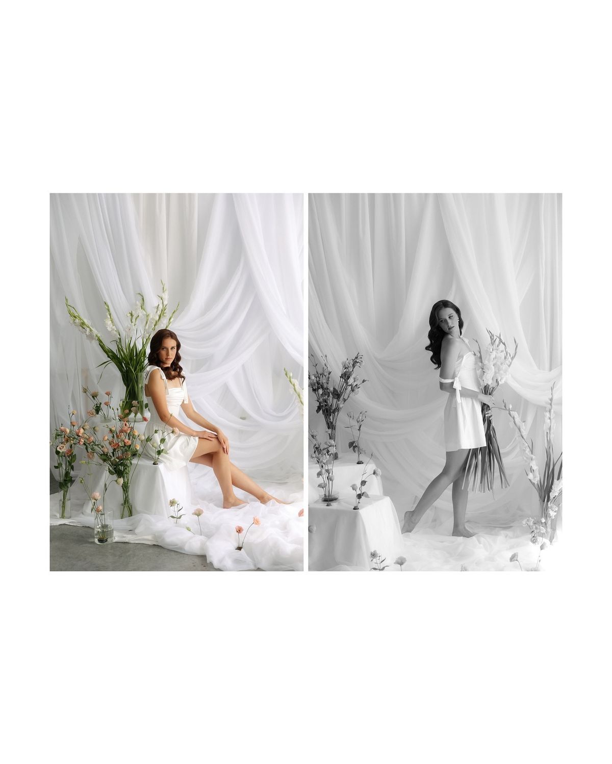 Artistic photo series showing ethereal white fabric draping and floral arrangements in a minimalist studio setting.
