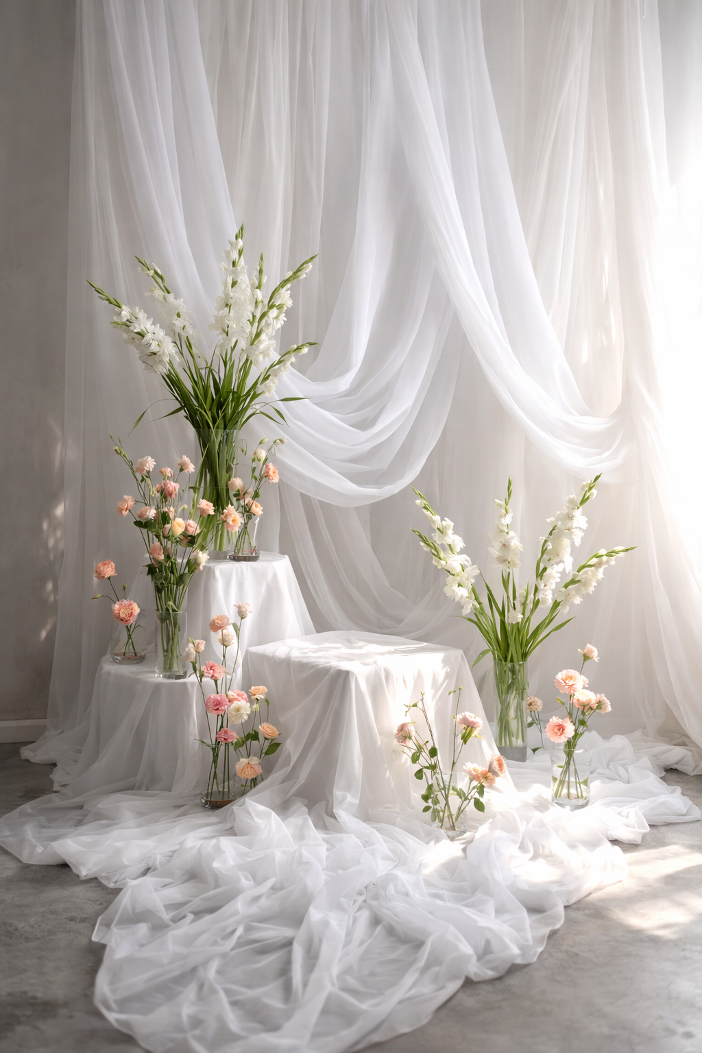 Elegant floral arrangement with gladiolus and roses against flowing white fabric backdrop in soft natural lighting.