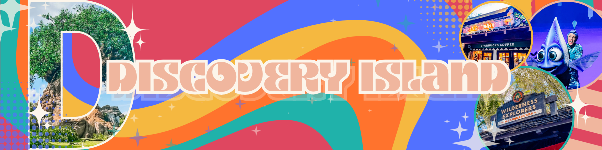 A colorful social media banner design featuring Discovery Island text with tropical elements and geometric shapes.