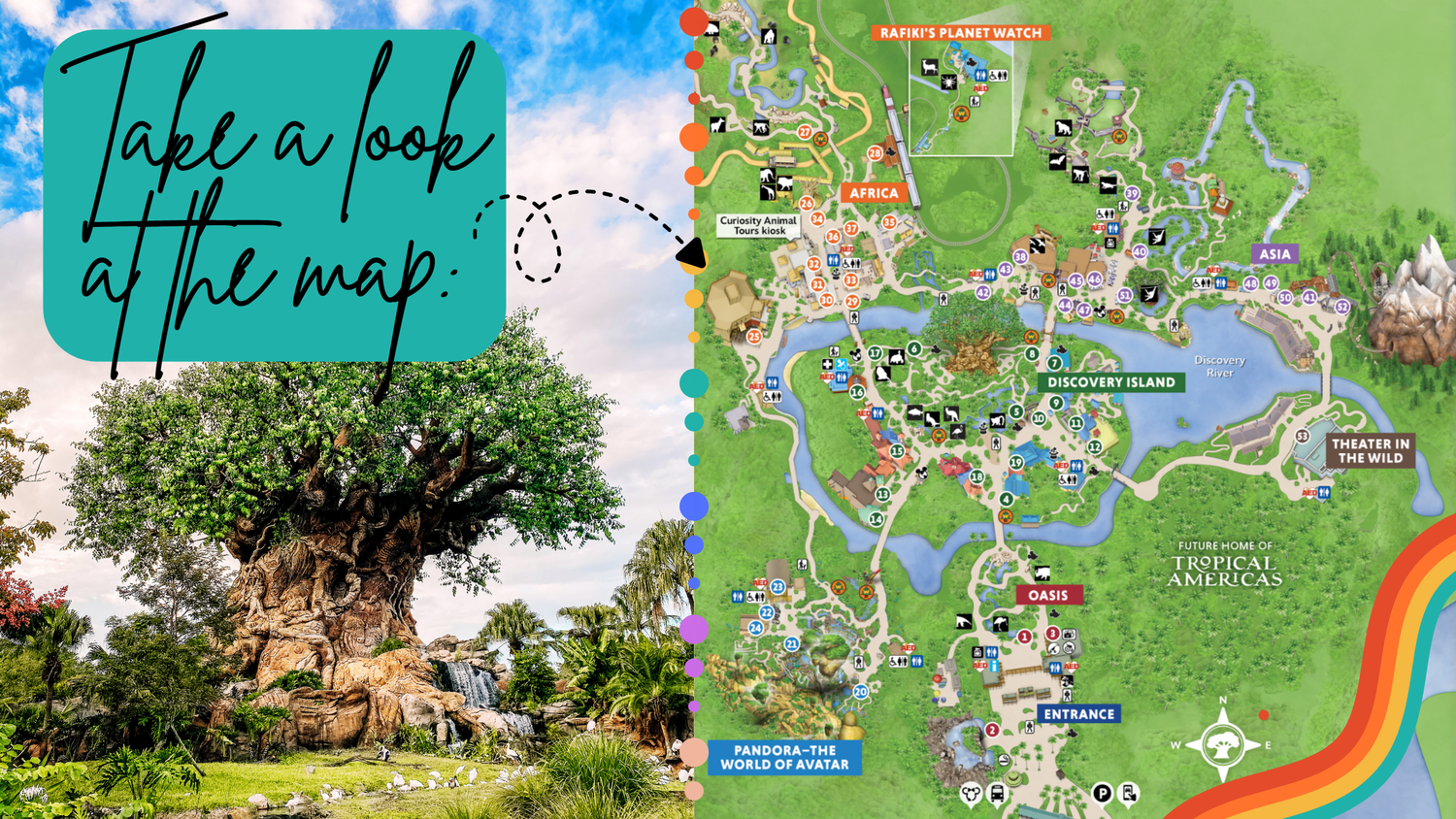 A long panoramic collage featuring colorful trail maps, park paths, and outdoor recreation destinations in vibrant shades.