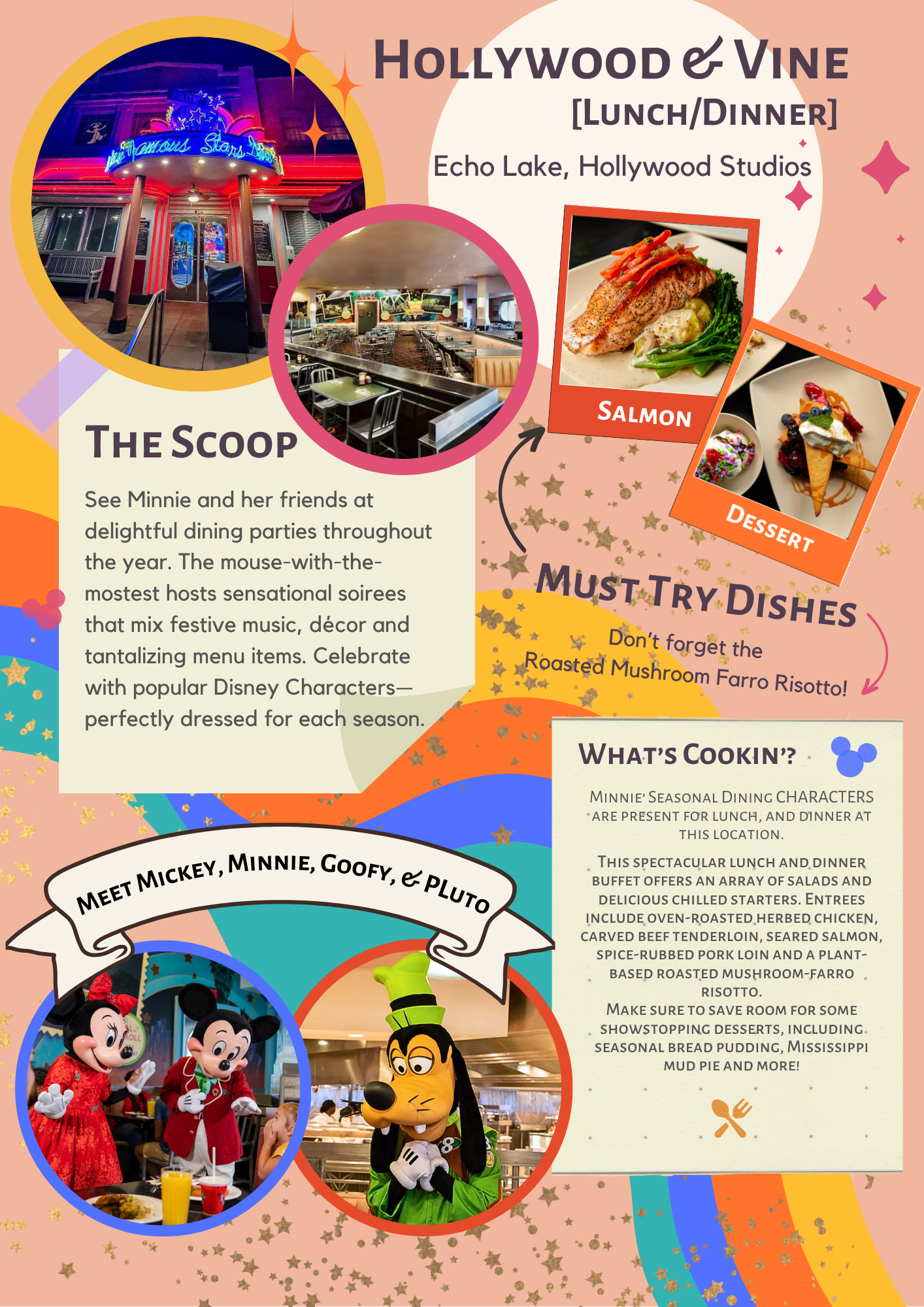 Disney dining guide page showing Hollywood & Vine restaurant at Echo Lake with salmon dish photos and cartoon character illustrations.