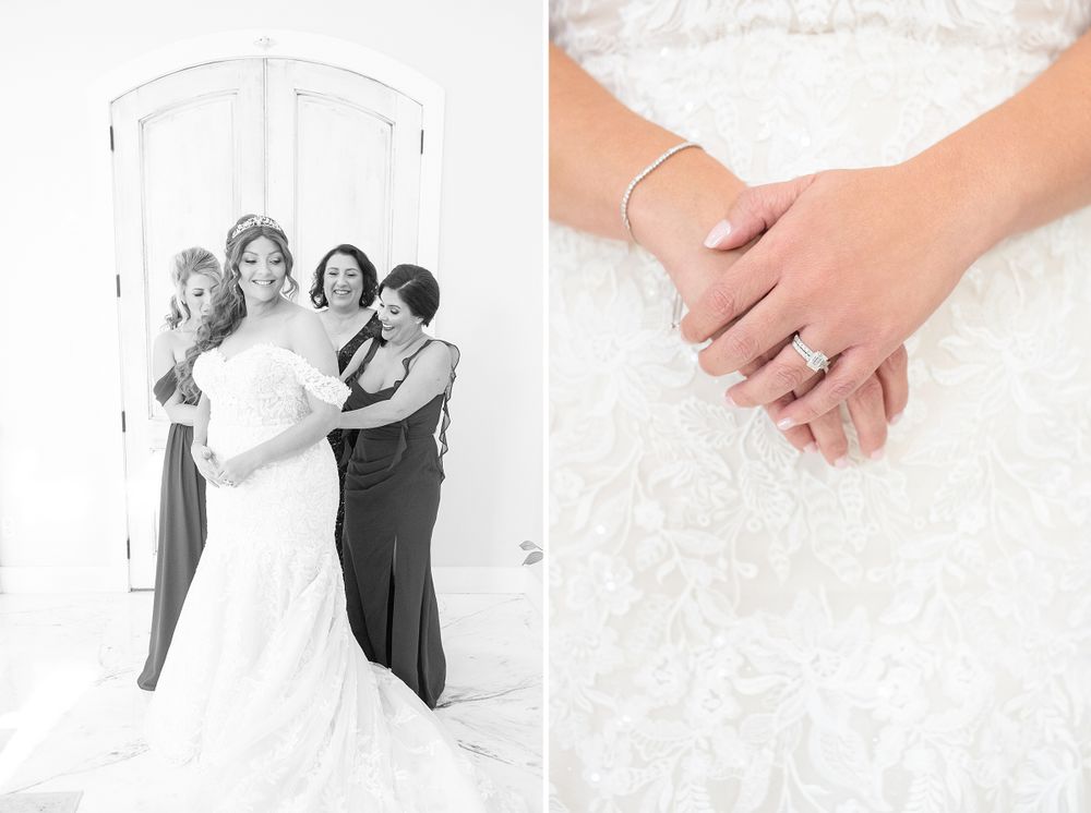 Close-up shots of wedding details including rings, hands, and embraces in black and white.