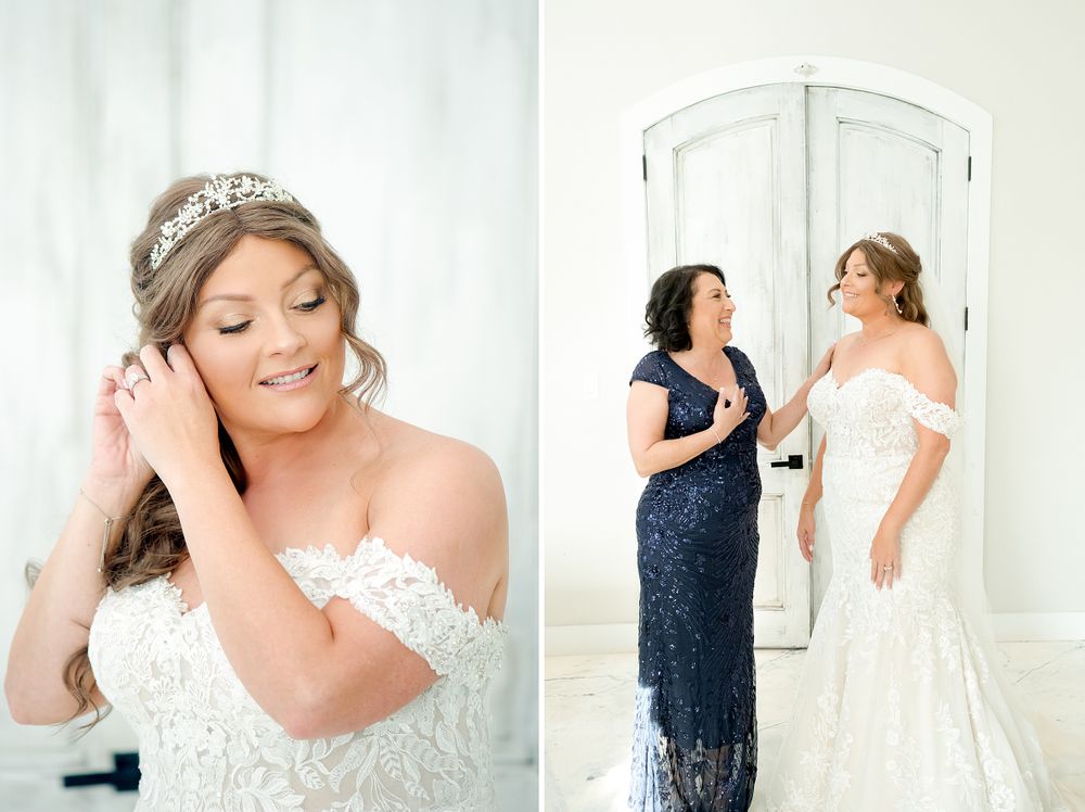 Wedding preparation moments in a bright white room with elegant decor and natural lighting.