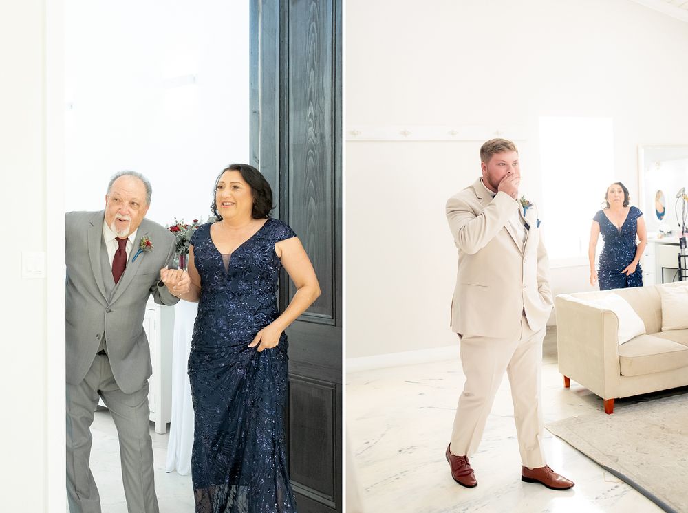 Wedding party members in navy and beige attire interacting indoors.