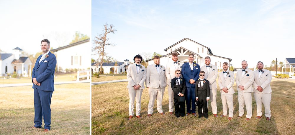 Wedding party members gathered outdoors in formal attire against rural backdrop.