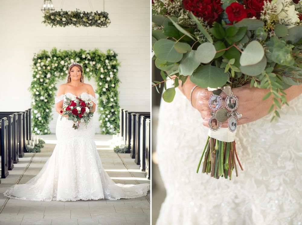 Church interior decorated with floral arrangements and greenery for wedding ceremony.