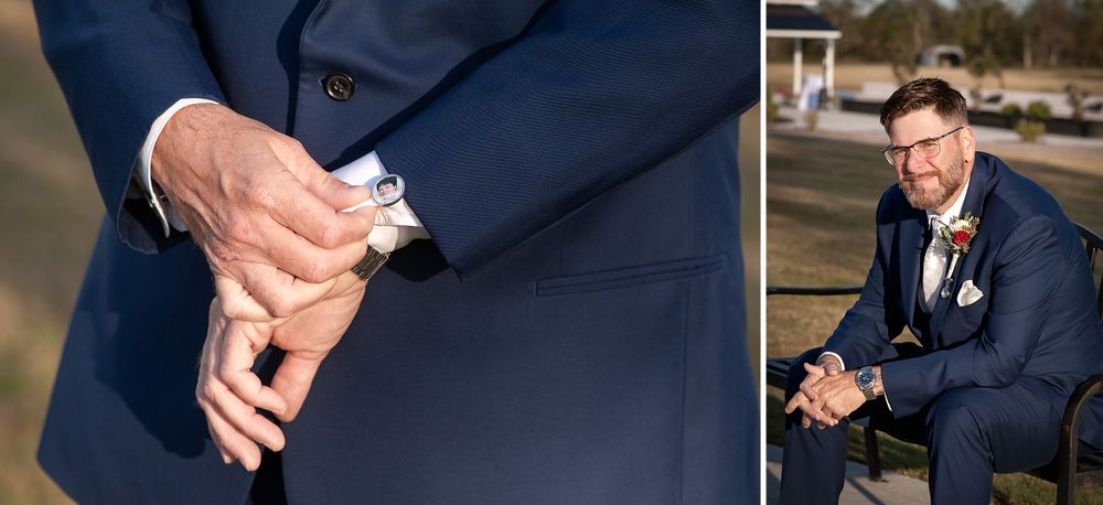 Detail shots of navy blue suits and formal attire accessories.