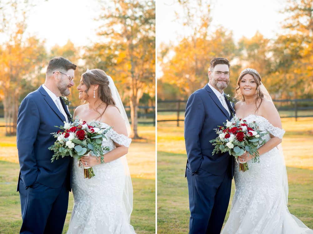 Wedding portraits taken during autumn with beautiful fall foliage in the background.