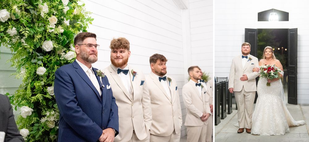 Wedding party in light beige suits and navy blue accents pose together outdoors.