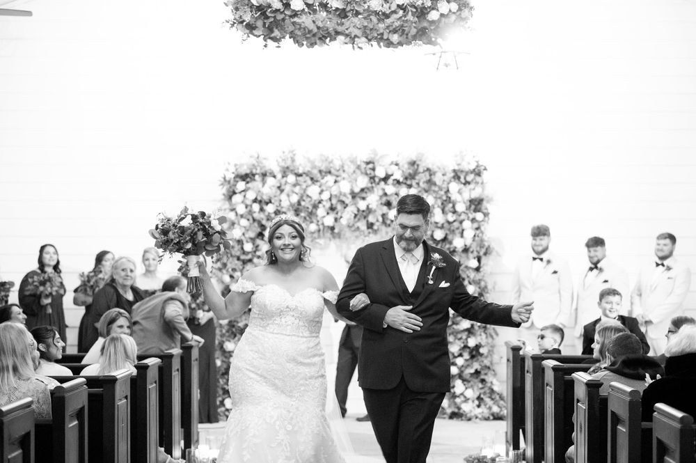 Black and white photos of wedding ceremony guests seated in church pews.
