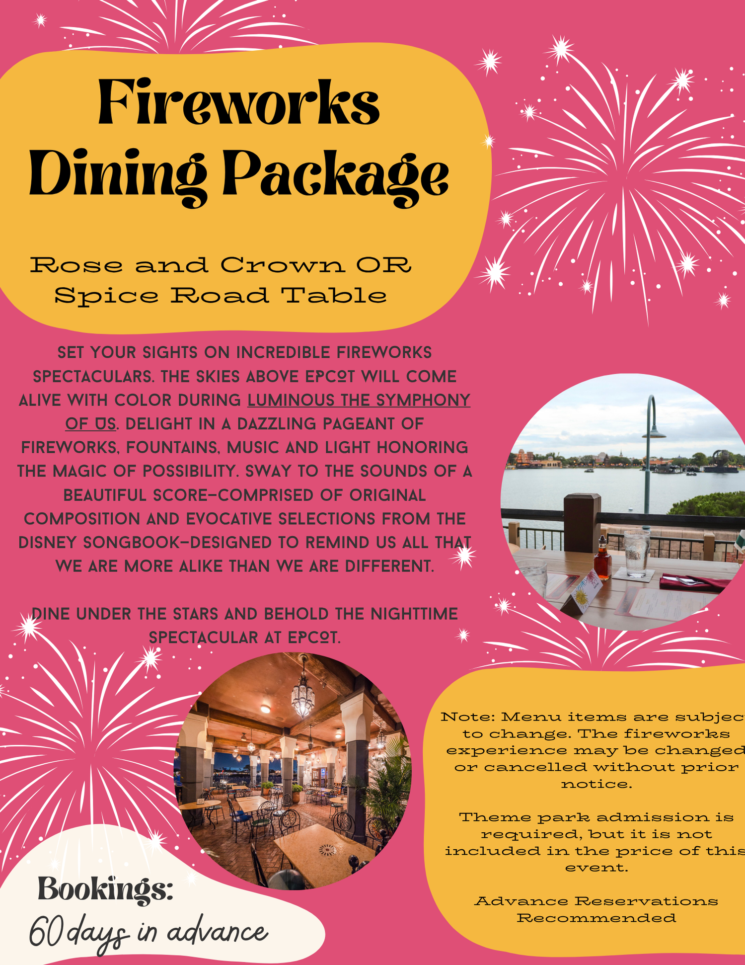 Advertisement for Fireworks Dining Package featuring food and fireworks display at Disney World.