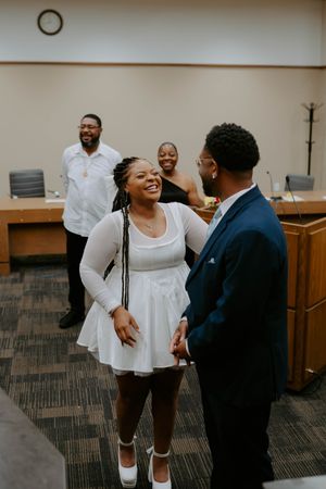 A series of candid moments captured in an indoor office environment showing natural interactions.