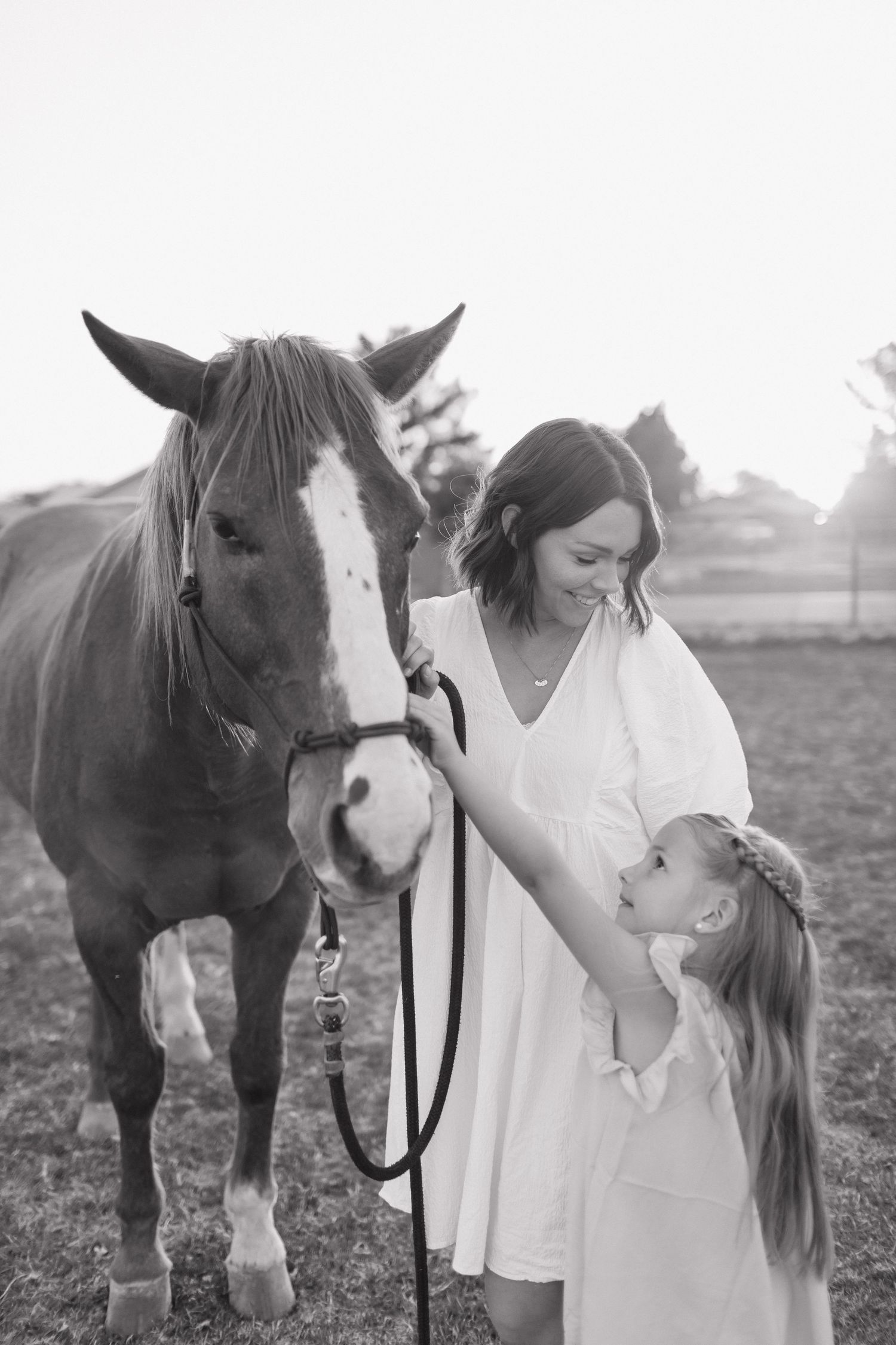 A series of romantic black and white photos showing intimate moments between a person in white and a dark horse in a field.