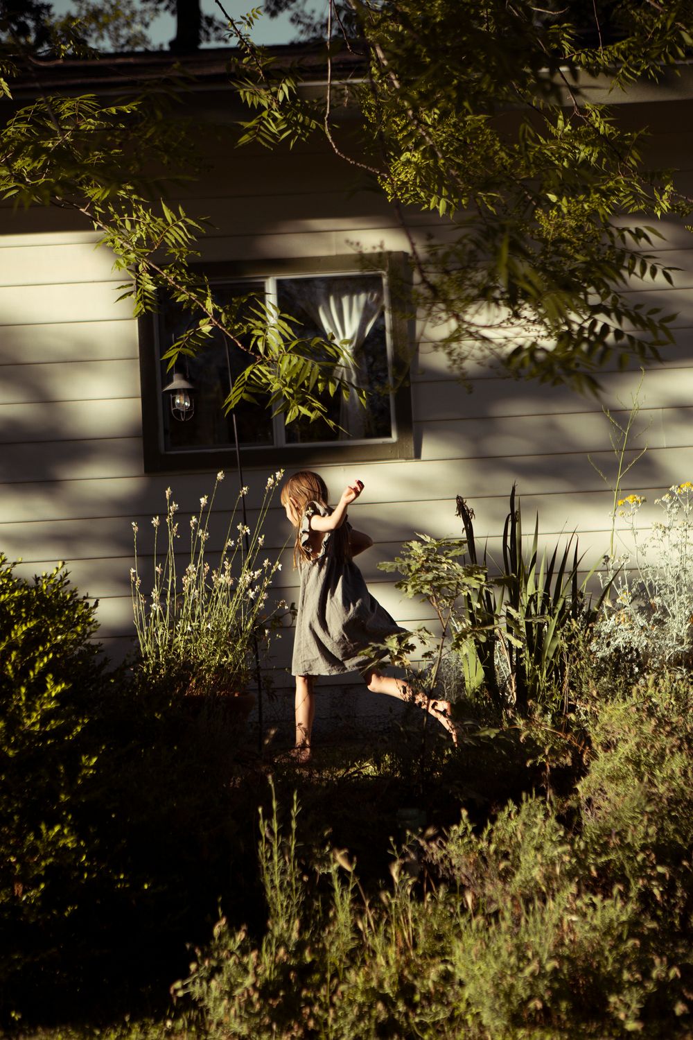 Sequence showing figures exploring a garden with tall plants and white house siding.