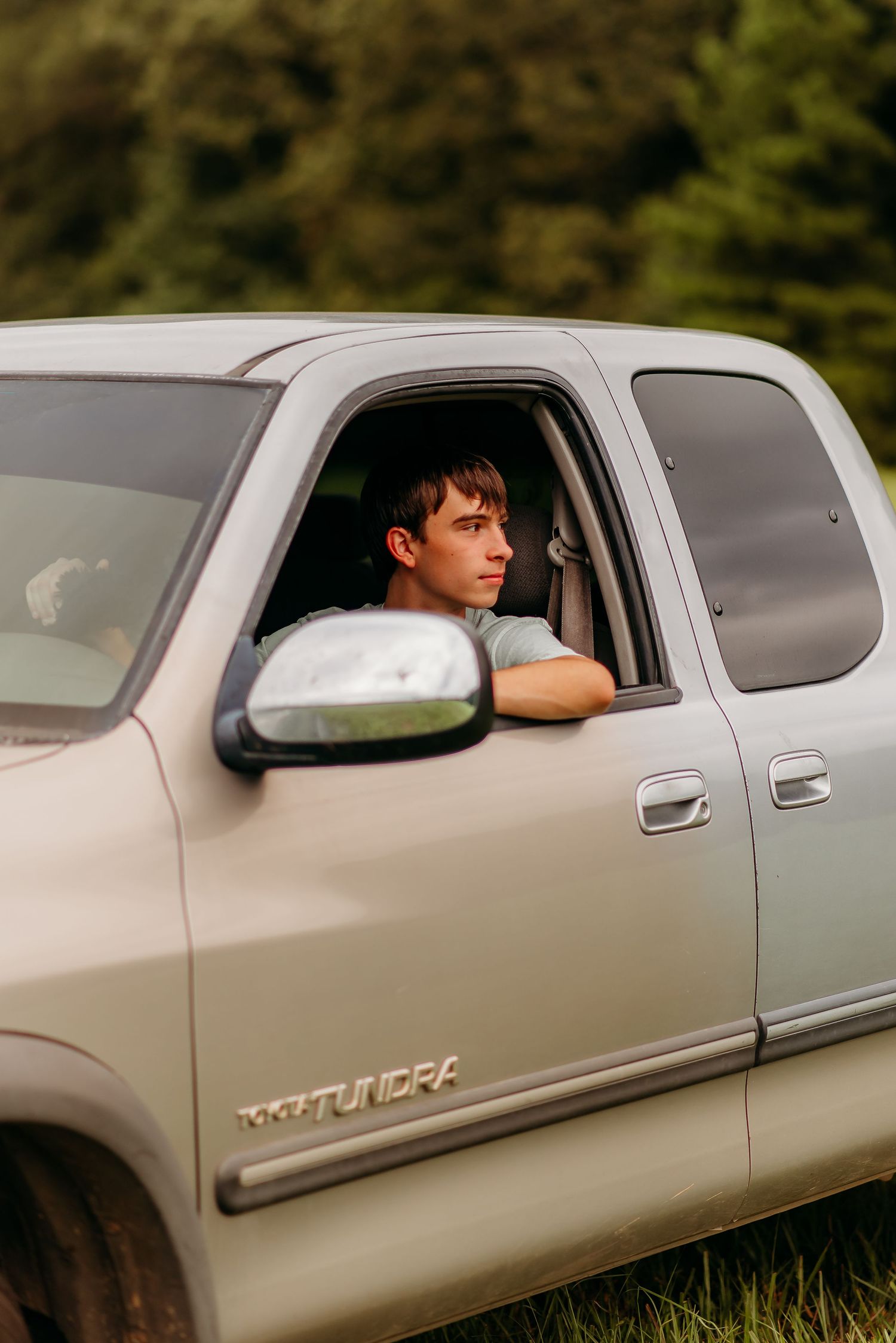 Silver Toyota Tundra pickup truck parked in a grassy area with trees in the background.