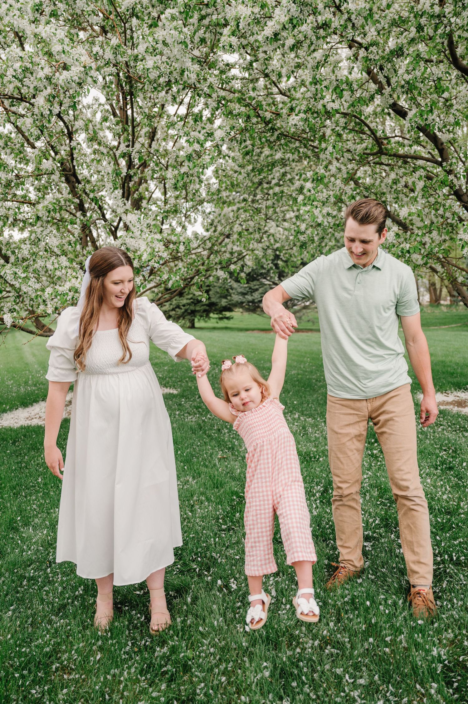 A family plays together under blooming spring trees with white blossoms in a lush green park setting.