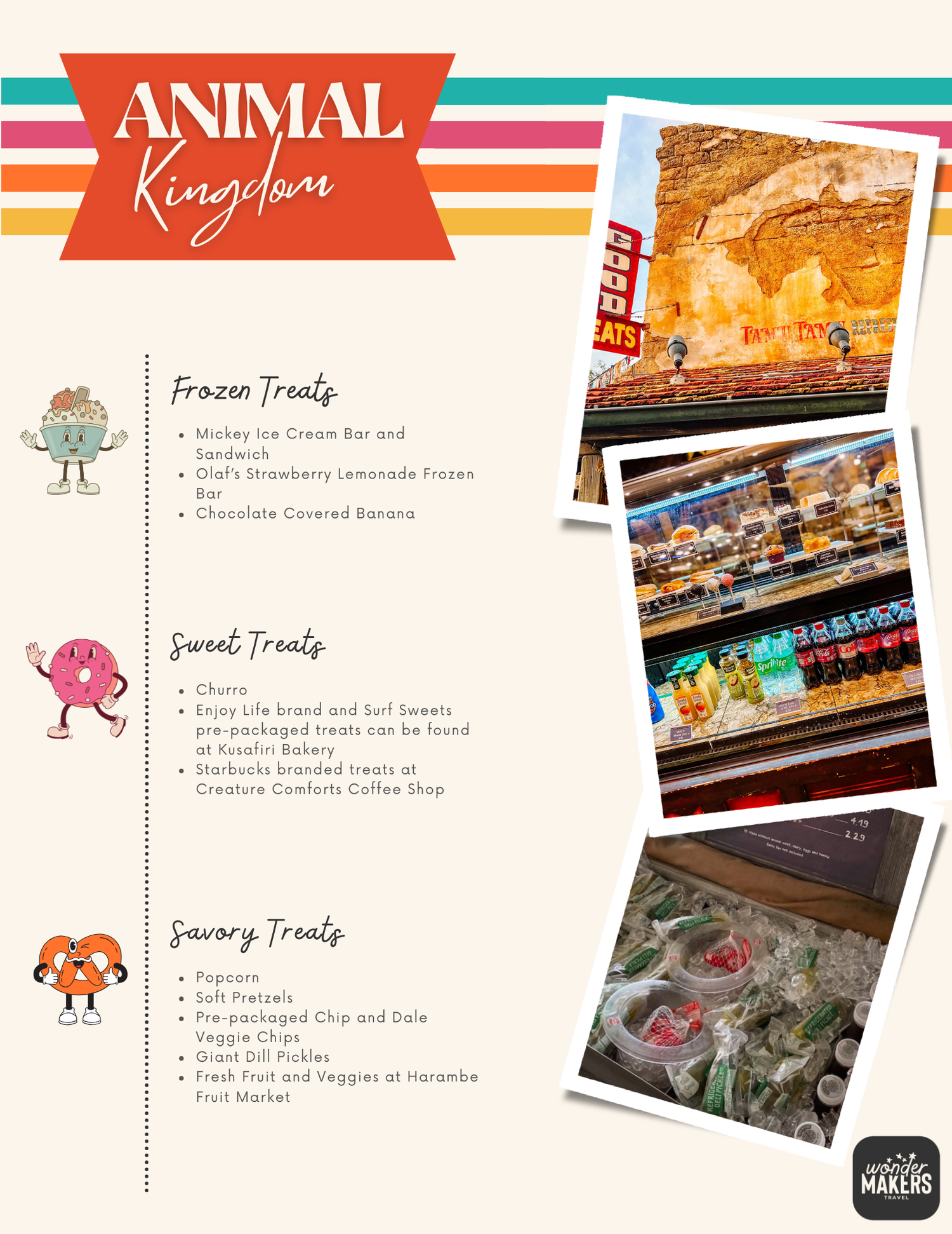 Animal Kingdom food guide displaying treat locations and menu items with venue photos.
