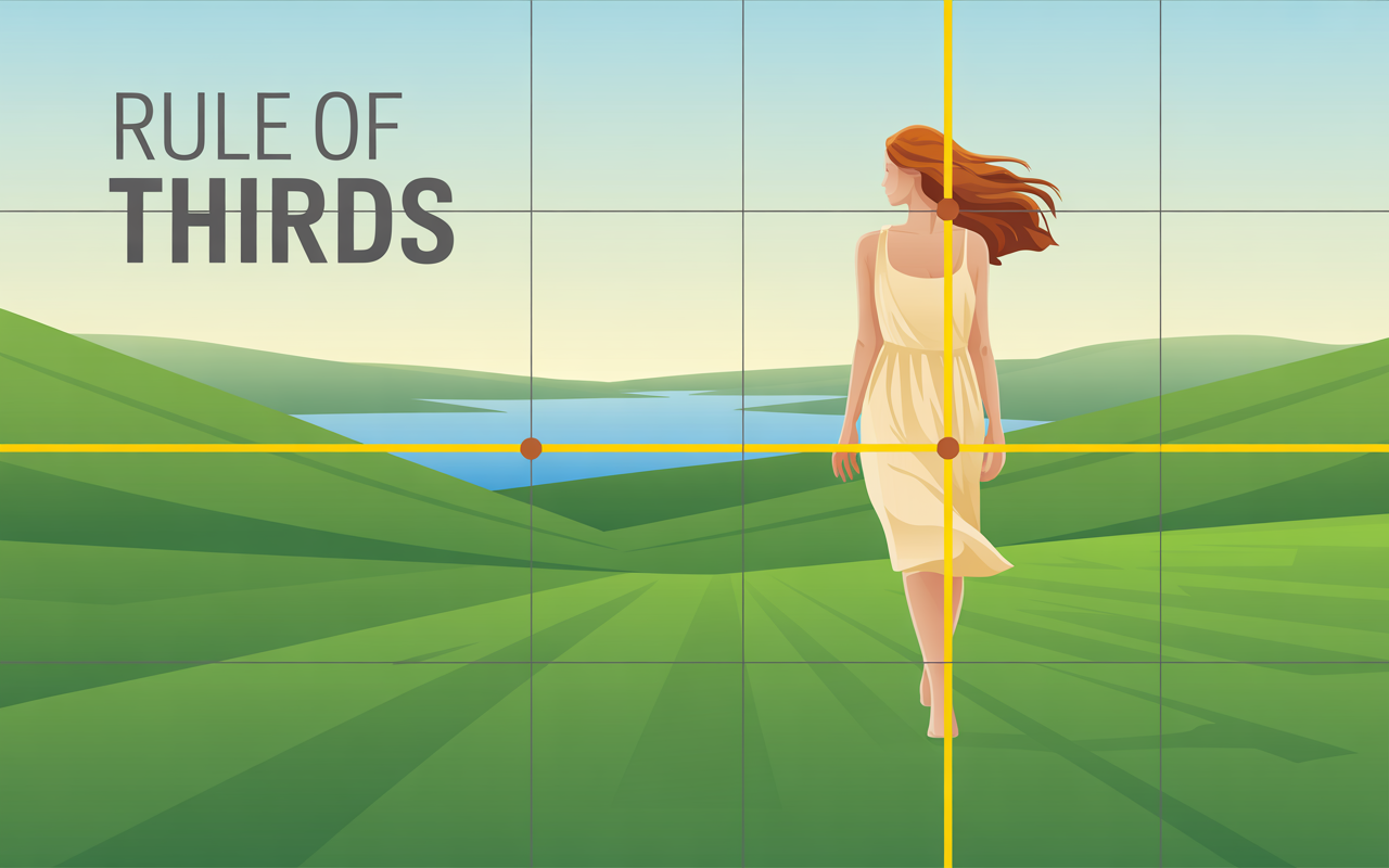 Illustration demonstrating the rule of thirds composition principle with a figure standing on a hillside overlooking a lake.