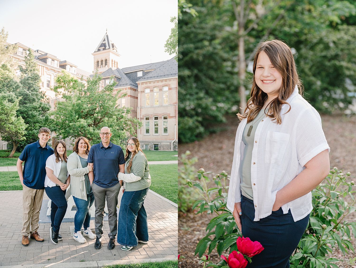 Group portrait on a college campus lawn with historic architecture and a figure in white shirt against garden foliage.