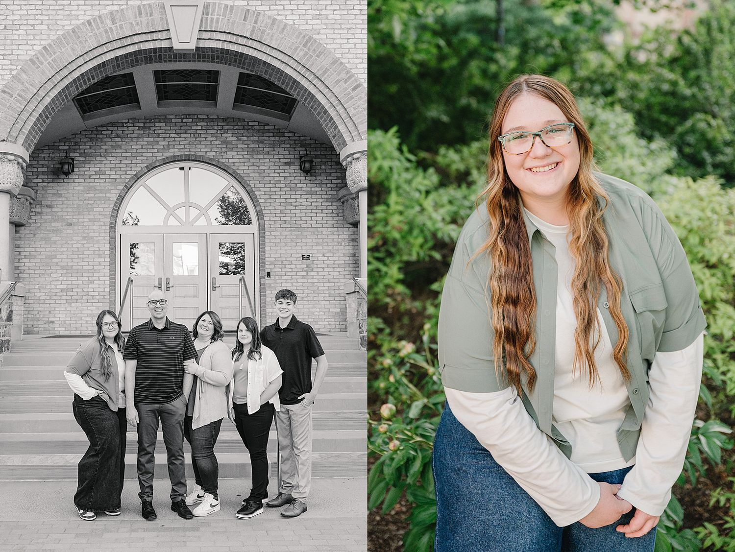 Black and white group photo in front of arched entrance and professional headshot with green foliage background.
