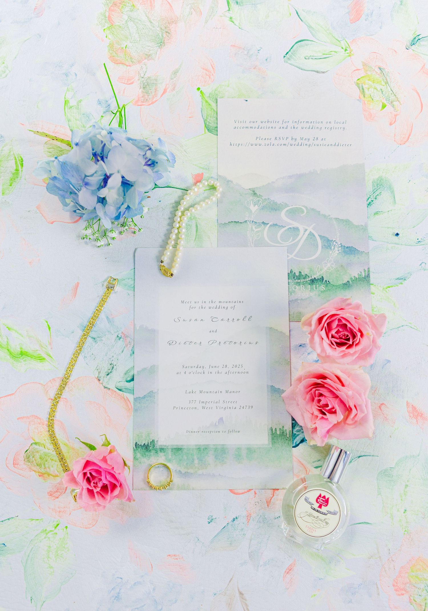 Close-up of an elegant wedding invitation suite and bridal jewelry, showcasing custom designs for a timeless wedding