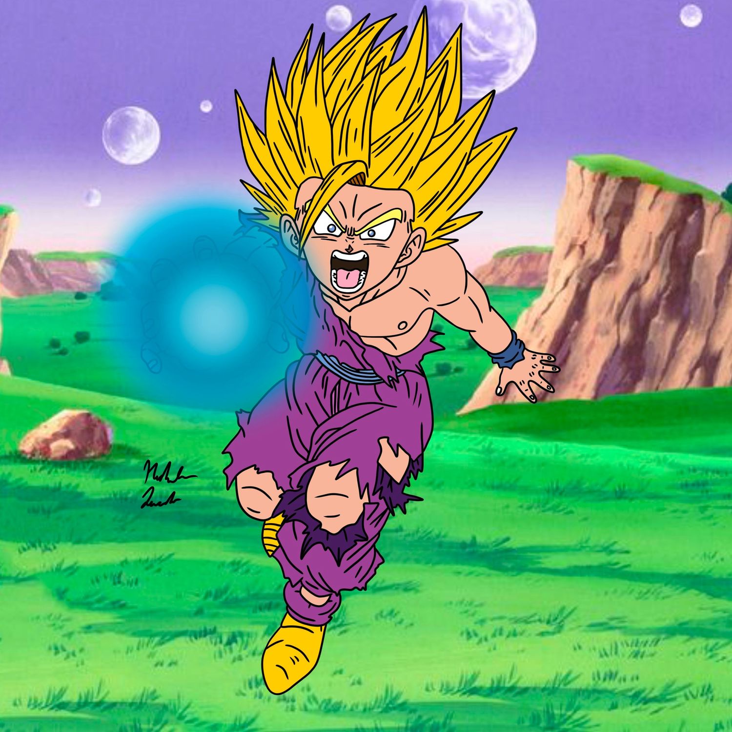 Animated sequence of Dragon Ball character with yellow spiked hair jumping in battle stance.