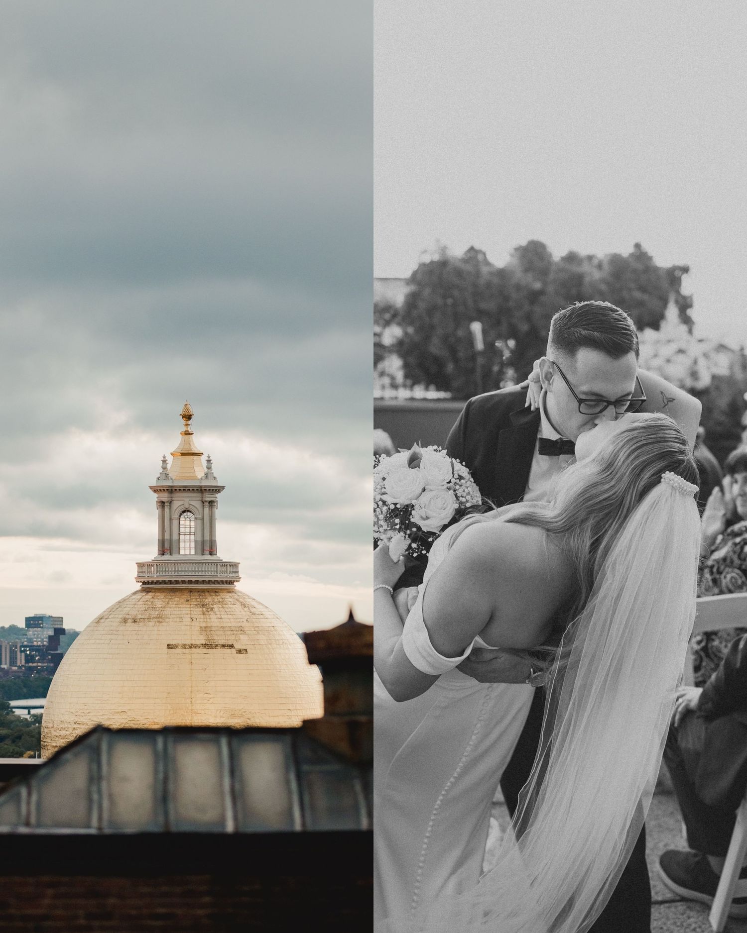A split image showing a church dome and a romantic couple sharing an intimate moment.