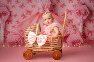 A baby sits in a rustic wooden wagon with a large pink bow against a pink backdrop with bow pattern decor.