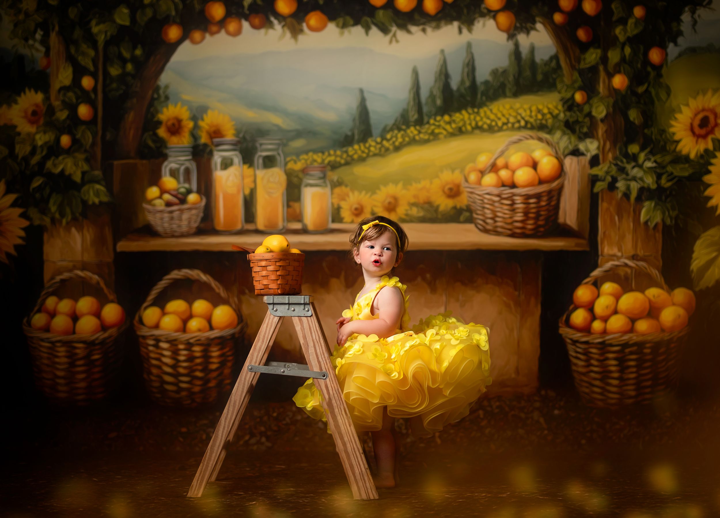 Rustic citrus photo scene with vintage wooden ladder, baskets of oranges, decorative jars and a tulle yellow dress.