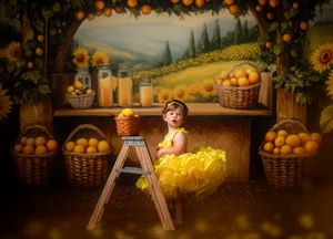 Rustic citrus photo scene with vintage wooden ladder, baskets of oranges, decorative jars and a tulle yellow dress.