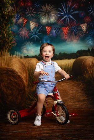 Red tricycle and festive decorations with fireworks and bunting create a patriotic summer scene at dusk.