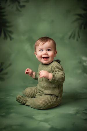 Smiling baby in green textured outfit sits against sage green backdrop with leaf shadows.