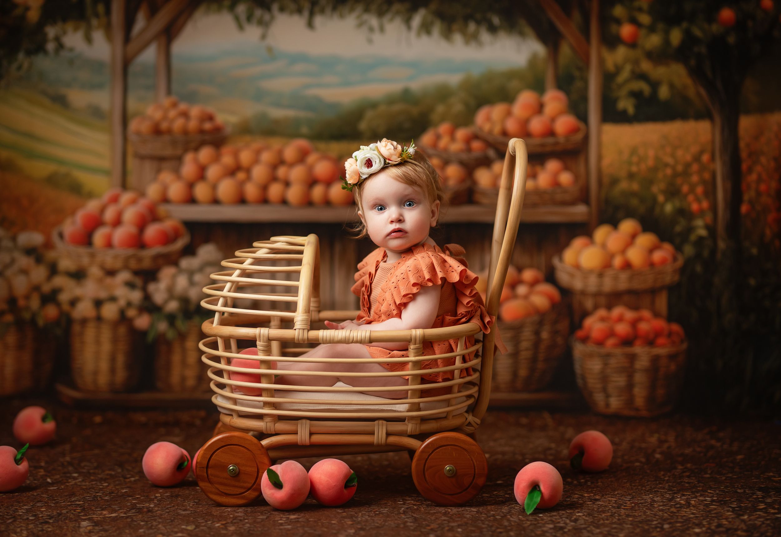 Rustic wooden crates and baskets filled with autumn pumpkins create a cozy fall harvest display against a warm background.