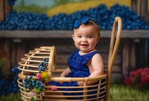 A small child sits in a wooden rocking chair wearing blue, with blueberries in the background.