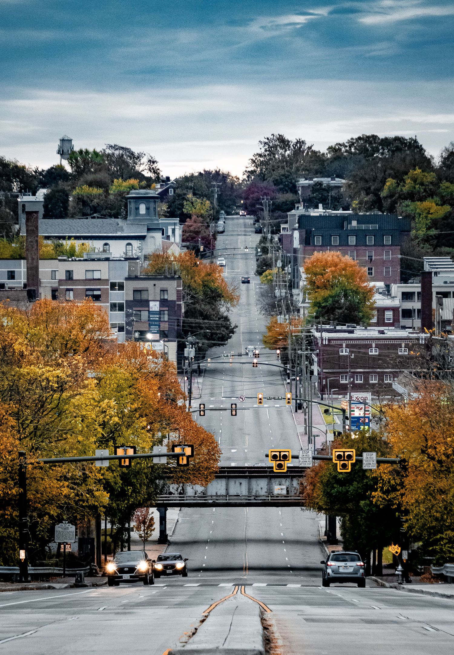 Steep city street lined with autumn trees and buildings on a cloudy day in an urban neighborhood.